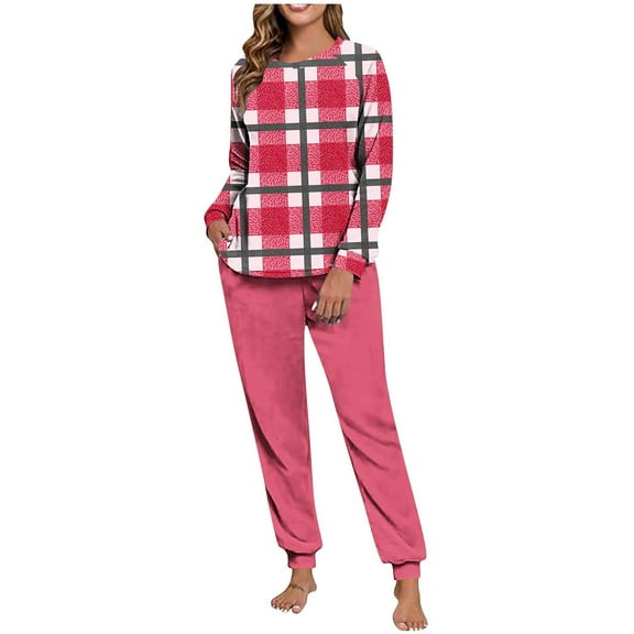 Enjoytime Pajamas for Women Set Patchwork Round Neck Long Sleeve Tops and Pants 2 Piece Outfits Warm Fall Fashion Loungewear Matching Winter Clothes