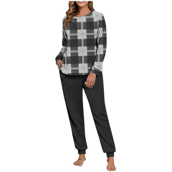 Enjoytime Pajamas for Women Set Patchwork Round Neck Long Sleeve Tops and Pants 2 Piece Outfits Warm Fall Fashion Loungewear Matching Winter Clothes