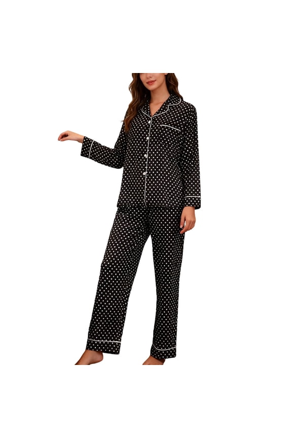 Pajamas for Women Set Polka Dots Satin Long Sleeve Tops Pants 2 Piece Sleepwear Button Down Soft Cozy Loungewear Sets