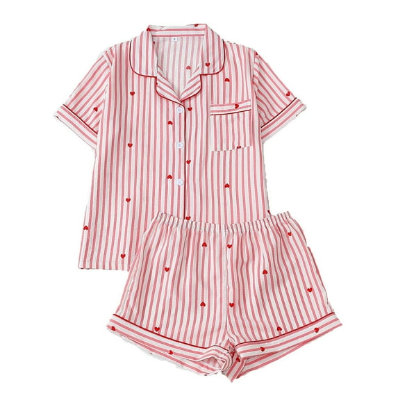 Enjoytime Pajamas for Women Set Shorts Heart Striped Printed Short Sleeve Button Down Blouse 2 Piece Sets Soft Comfy Loungewear
