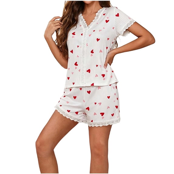 Enjoytime Pajamas for Women Summer Casual Comfy Lace Matching Sleepwear Print V-Neck Short Sleeve Shirts Shorts 2 Piece Lounge Set