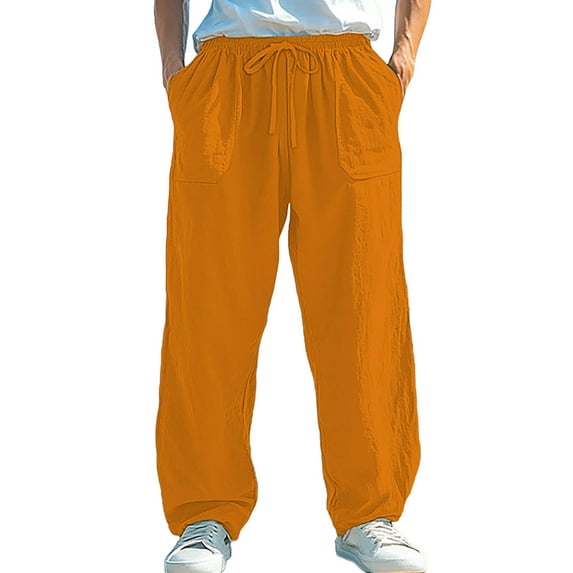 Enjoytime Pants for Men Solid Color Drawstring Straight Leg Trousers Beach Vacation Casual Loose Plus Size Pants with Elastic Waist and Pockets Orange XXXXL