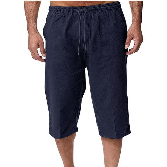 Enjoytime Pants for Men Casual Solid Color Cotton Linen Cropped Trousers Elastic Drawstring Waist Lightweight Pants Navy XXL