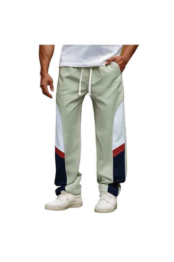 Pants for Men Patchwork Elastic Waist Drawstring Straight Leg Trousers Fashion Casual Loose Plus Size Work Pants Beige M