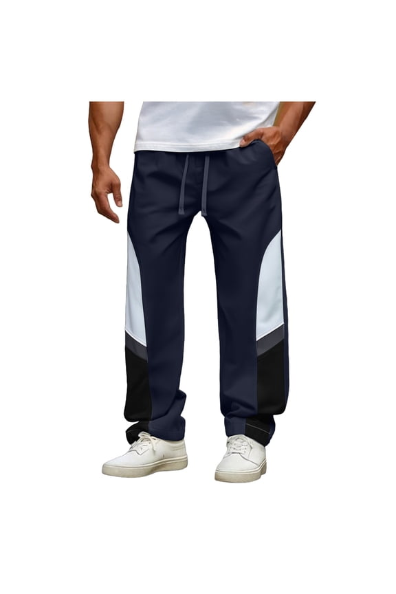 Pants for Men Patchwork Elastic Waist Drawstring Straight Leg Trousers Fashion Casual Loose Plus Size Work Pants Navy L
