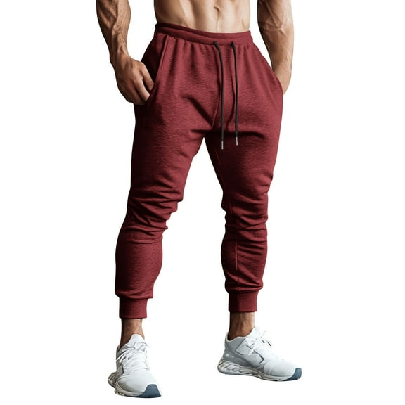 Enjoytime Pants for Men Solid Color Elastic Waist Drawstring Casual Trousers Workout Outdoor Travel Lightweight Pants with Pockets Wine S