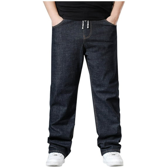 Enjoytime Pants for Men Solid Color Elastic Waist Drawstring Plus Size Pants Business Casual Jeans Trousers with Pockets Black XXL