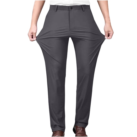 Enjoytime Pants for Men Solid Color Elastic Waist Straight Legs Plus Size Trousers Loose Business Casual Dress Suit Pants with Pockets Gray L