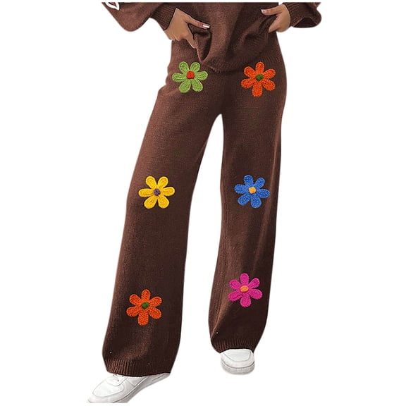 Enjoytime Pants for Women Floral Printed High Wasited Straight Leg Pants Knitting Soft Comfy Fashion Casual Trousers Coffee L
