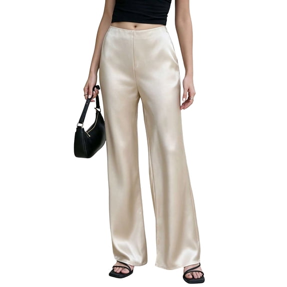 Enjoytime Pants for Women High Waisted Solid Color Satin Wide Leg Pants Business Casual Work Lounge Trousers