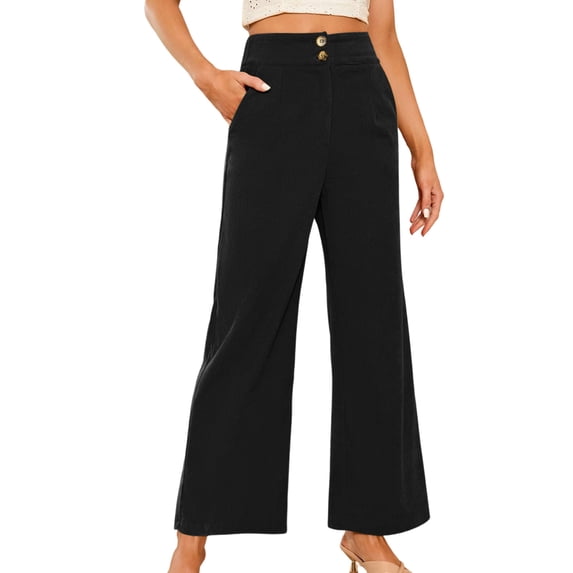 Enjoytime Pants for Women Solid Color Elastic High Waist Straight Leg Pants Corduroy Casual Loose Comfy Trousers with Pockets Black M