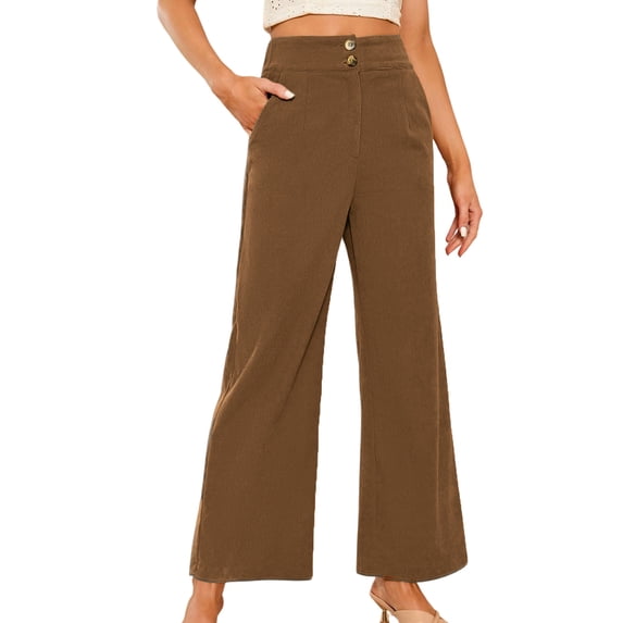 Enjoytime Pants for Women Solid Color Elastic High Waist Straight Leg Pants Corduroy Casual Loose Comfy Trousers with Pockets Brown S