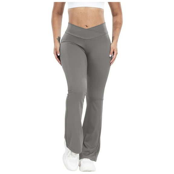 Enjoytime Pants for Women Solid Color Elastic High Waist Sweatpants Casual Running Outdoors Yoga Workout Flare Trousers Gray L