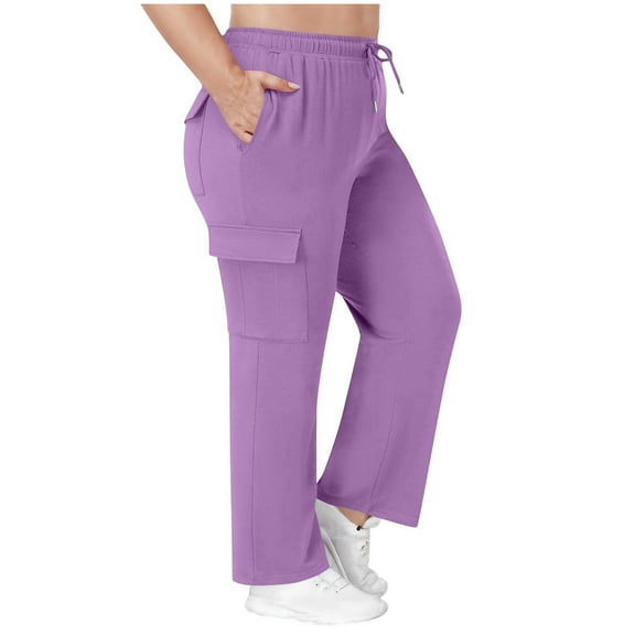 Enjoytime Pants for Women Solid Color Elastic Waist Stretchy Casual Trousers Fashion Loose Plus Size Work Pants with Pockets Purple L