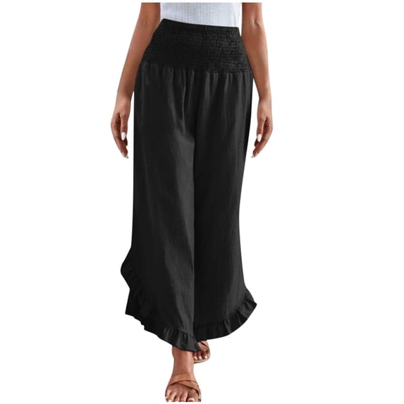Enjoytime Pants for Women Solid Color High Waist Ruffle Casual Trousers Fashion Lightweight Loose Stretch Pants Black M