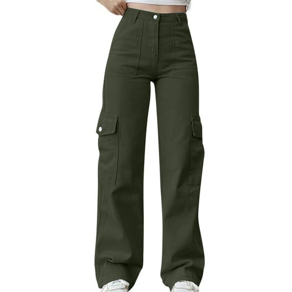 Enjoytime Pants for Women Solid Color Straight Leg Plus Size Work Pants Fashion Casual Elastic High Waist Loose Trousers with Pockets Army Green M