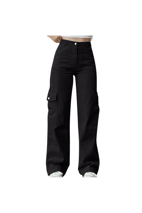 Pants for Women Solid Color Straight Leg Plus Size Work Pants Fashion Casual Elastic High Waist Loose Trousers with Pockets Black L