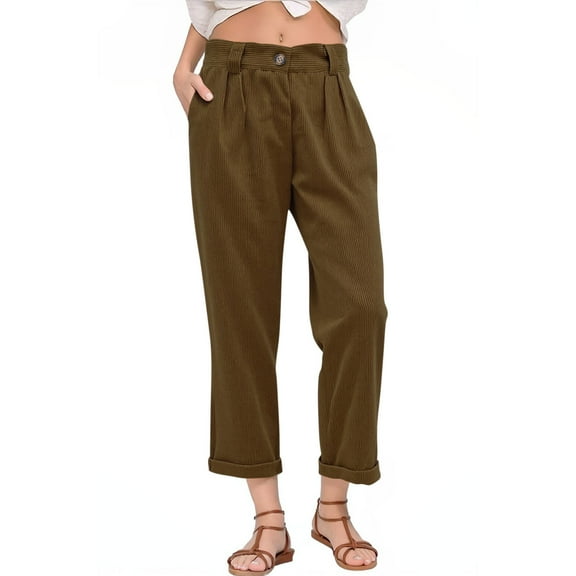 Enjoytime Pants for Women Trendy Solid Color Elastic Waist Plus Size Pants Office Business Casual Loose Trousers with Side Pockets Brown XL