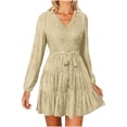 thumbnail image 1 of Enjoytime Party Dresses for Women Solid Color V-Neck Long Sleeve Dress with Belt Casual Vintage Elegant Wedding Guest Dresses, 1 of 8