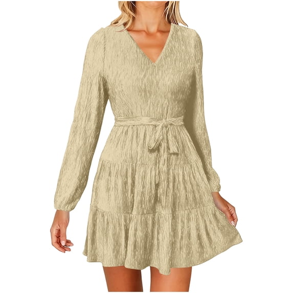 Enjoytime Party Dresses for Women Solid Color V-Neck Long Sleeve Dress with Belt Casual Vintage Elegant Wedding Guest Dresses