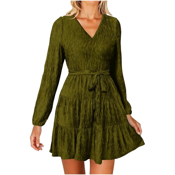 Enjoytime Party Dresses for Women Solid Color V-Neck Long Sleeve Dress with Belt Casual Vintage Elegant Wedding Guest Dresses
