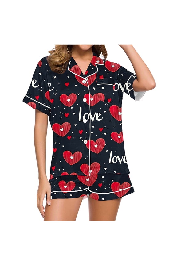 Pjs Sets for Women Cute Heart Graphic Short Sleeve Loungewear Button Down Shirt and Shorts 2 Piece Outfit Comfy Sleepwear