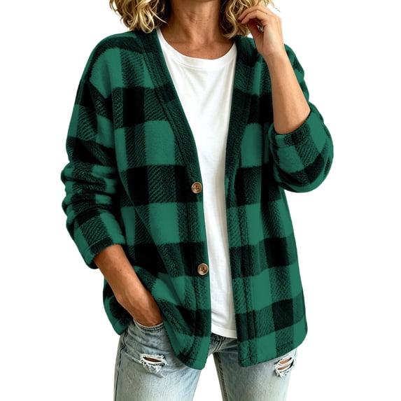 Enjoytime Plaid Cardigan for Women V-Neck Button Down Fleece Jacket Open Front Casual Outerwear Cozy Warm Fall Winter Coat
