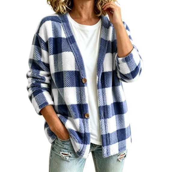 Enjoytime Plaid Cardigan for Women V-Neck Button Down Fleece Jacket Open Front Casual Outerwear Cozy Warm Fall Winter Coat