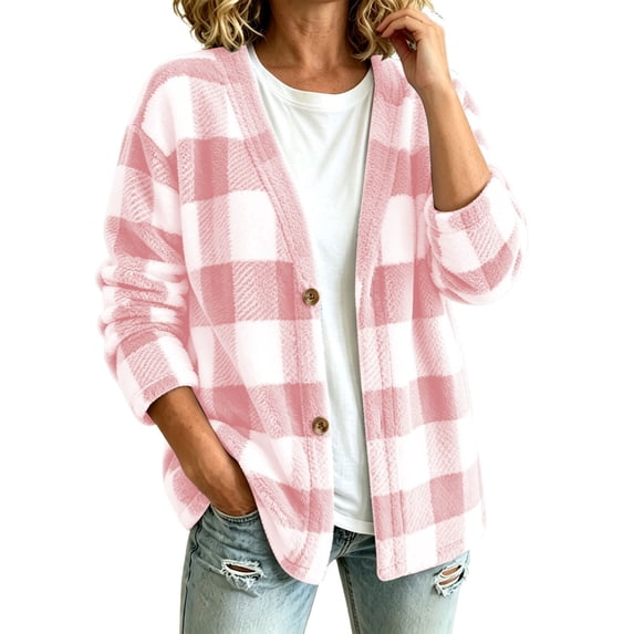 Enjoytime Plaid Cardigan for Women V-Neck Button Down Fleece Jacket Open Front Casual Outerwear Cozy Warm Fall Winter Coat
