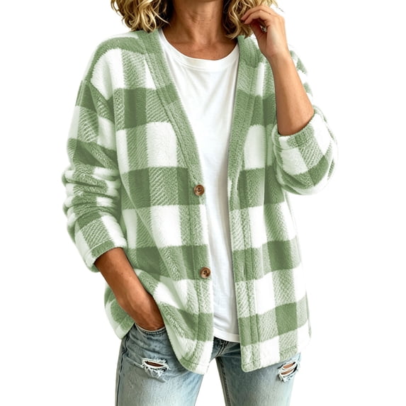 Enjoytime Plaid Cardigan for Women V-Neck Button Down Fleece Jacket Open Front Casual Outerwear Cozy Warm Fall Winter Coat