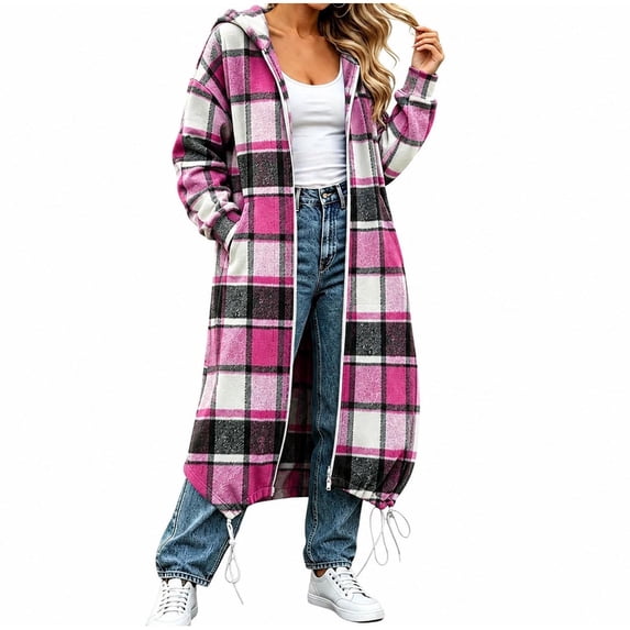 Enjoytime Plaid Long Coat Women Drawstring Hem Hooded Zip Up Jacket Long Sleeve Loose Trendy Fall Winter Jackets