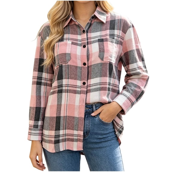 Enjoytime Plaid Long Sleeve Shirts for Women Flannel Button Down Shackets Fall Fashion Work Business Casual Jacket with Pocket