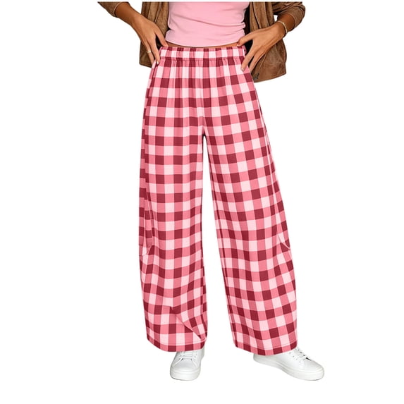 Enjoytime Plaid Pants for Women Elastic Waist Wide Leg Pants Casual Loose Lightweight Trouser with Pockets