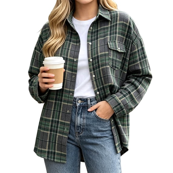 Enjoytime Plaid Shirts for Women Flannel Button Down Long Sleeve Shackets Fall Fashion Work Business Casual Jacket with Pocket