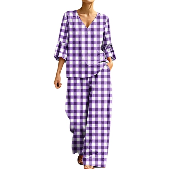 Enjoytime Plaid Two Piece Sets for Women V Neck Ruffle 3/4 Sleeve Shorts Matching Set Summer Casual Travel Vacation Outfits