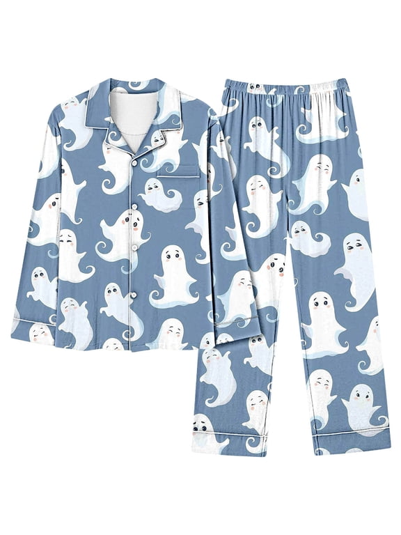 2 Piece Sets Long Pants Sleepwear Sets Soft Comfy Night Wear Ghost Print V-Neck Loungewear