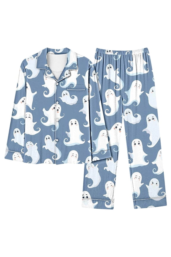 Plus Size 2 Piece Sets Long Pants Sleepwear Sets Soft Comfy Night Wear Ghost Print V-Neck Loungewear
