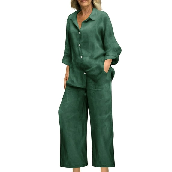 Enjoytime Plus Size 2 Piece Sets Solid Color Long Sleeve Button Down Shirt and Wide Leg Pants Fall Winter Loungewear Green XL