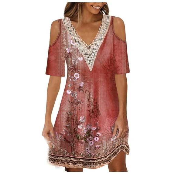 Enjoytime Plus Size Beach Dresses For Women V-Neck Cold Shoulder Floral Printed Mini Dress Flowy Smocked Party Seaside Women's Summer Holiday Dress 2024