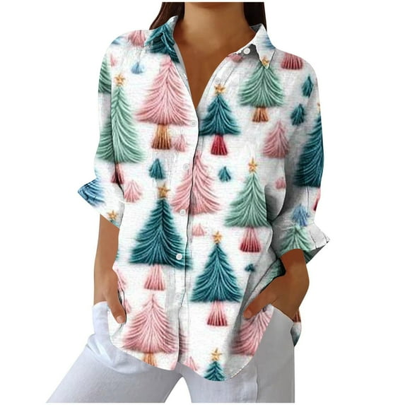 Enjoytime Plus Size Blouses for Women Christmas Printed Long Sleeve Collared Tops Fashion Casual Button Down Shirt