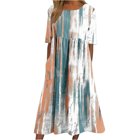 Enjoytime Plus Size Boho Dress Printed Crewneck Short Sleeve Casual Dresses Midi Flowy Dresses for Women Loose Beach Vacation Sundresses