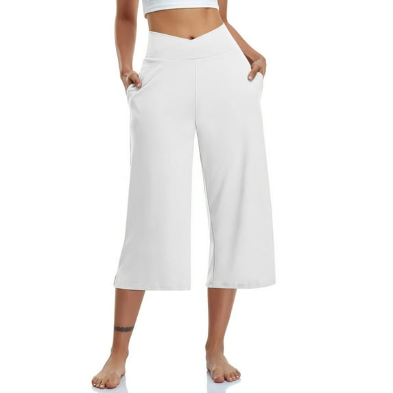 Enjoytime Plus Size Capri Pants for Women Solid Color High Waist Wide Leg Cropped Pants for Women Sports Loose Yoga Wide Leg Summer Casual Pants with Pocket