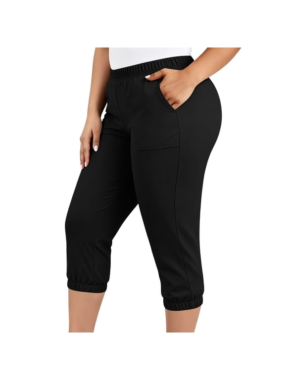 Plus Size Capri Pants for Women Solid Color Elastic Waist Capris Lightweight Casual Pants with Pockets