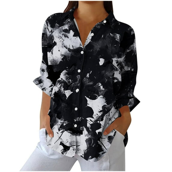 Enjoytime Plus Size Clothes for Women Vintage Printed Long Sleeve Collared Tops Office Work Button Down Shirts Fashion Business Casual Blouse