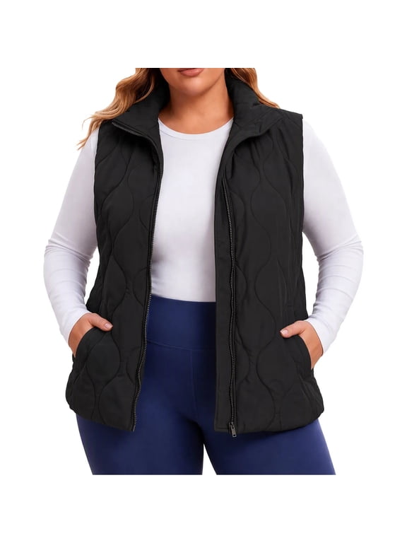 Plus Size Quilted Puffer Vest for Women Stand Collar Sleeveless Zip Up Jacket Fashion Casual Warm Fall Winter Gilet with Pockets