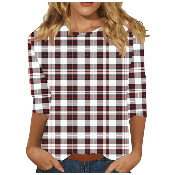 Enjoytime Plus Size Shirt for Women Crewneck Plaid Printed Blouses Top Casual Loose Fit Spring Womens 3/4 Sleeve Shirts