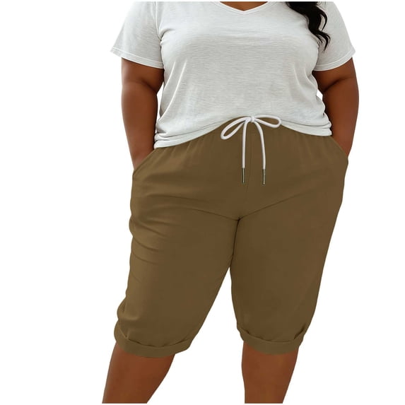 Enjoytime Plus Size Shorts for Women Elastic Waist Drawstring Knee Length Summer Lounge Casual Shorts with Pockets