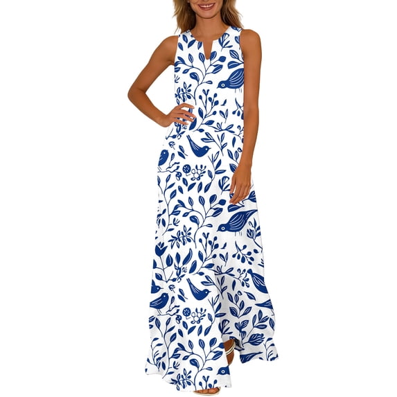 Enjoytime Plus Size Sun Dresses For Women Sleeveless Long Dresses A-Line Flowy Swing Retro Floral Print Womens Maxi Dresses