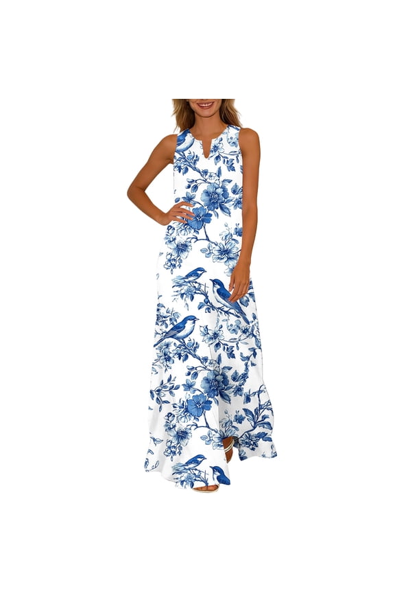 Plus Size Sun Dresses For Women Sleeveless Long Dresses A-Line Flowy Swing Retro Floral Print Womens Maxi Dresses