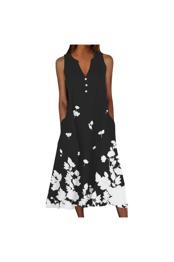 Plus Size Sundresses For Women 2025 Sleeveless Swing Sundress Basic Boho Tea-Length V Neck Dress Beach Flowy Dresses For Women